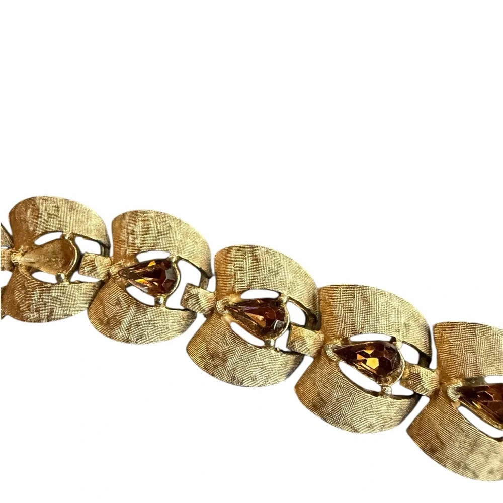 1950s/60s Karu Arke Inc. Gold-Tone Metal Domed Link Bracelet w/Brown Stones & Fo